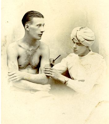 AncientHouseMus's tweet image. It's #NationalTattooDay
This postcard probably shows a soldier receiving a tattoo while in military service during the First World War. It comes from a collection of material relating to the Burrell family of Thetford.