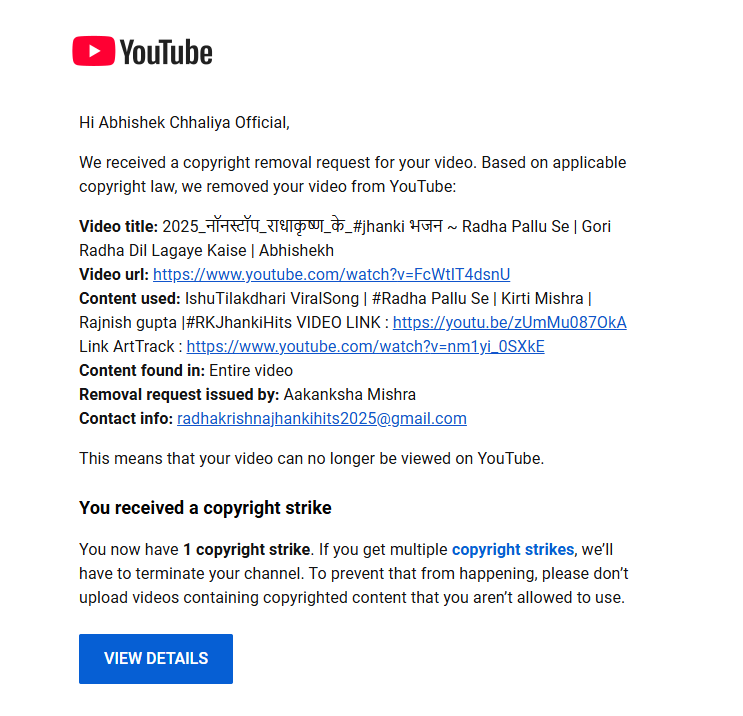 editor_ankur's tweet photo. @TeamYouTube I got a false copyright strike on my original song "Radha Pallu Se".

Claimant is threatening more strikes via phone.  
Counter sent. All proof here👇  
🔗 https://t.co/H92NKXRP8l

Please help 🙏  
#FalseStrike https://t.co/Ht6UJeBh8L