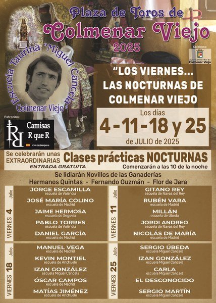 🌙🐂 Los viernes... 'Las Nocturnas' de La Corredera en #ColmenarViejo

🗓️ Días 4, 11, 18 y 25 de julio
⌚️ 22:00h
🏟️ Plaza de Toros

🎟️ Entradas gratuitas

🇪🇸 Participarán escuelas y ganaderías de toda España

ℹ️ Todos los detalles:
colmenarviejo.com/comunicacion/n…