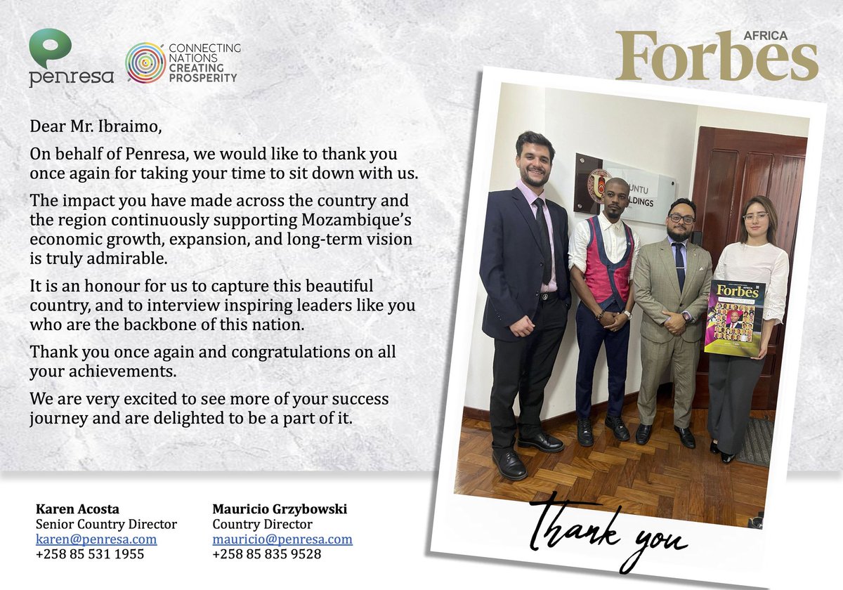 ubuntu_moz's tweet photo. @forbesafrica  veio conhecer o trabalho da Ubuntu Holdings! 🙌🏽

O nosso CEO, Sulemane Ibraimo, foi entrevistado como exemplo de liderança transformadora em Moçambique.

Gratidão @penresainternational 💼🌍

#UbuntuHoldings #ForbesAfrica https://t.co/7nrqrPFnhy