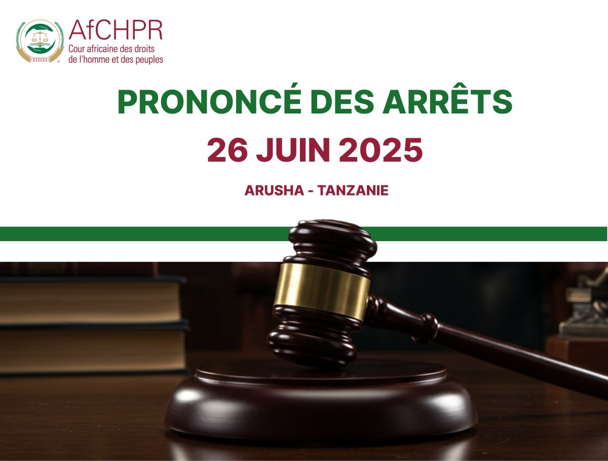 EN COURS ACTUELLEMENT: La Cour africaine a commencé la lecture de 11 décisions adoptées lors de ses 76e et 77e sessions ordinaires. Suivez en direct sur YouTube: youtube.com/live/kjNNj6ken… Rejoindre en direct via Zoom:
zoom.us/j/99838814859
Code d’accès: 684882