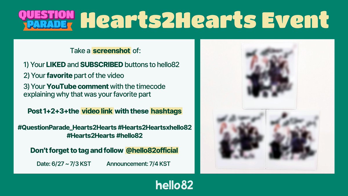 hello82 (@hello82official) on Twitter photo 💕Hearts2Hearts Signed Polaroid Event💕
Don't miss out on a chance to win one of these signed Polaroids!
Watch Question Parade w/ <a href="/Hearts2Hearts/">Hearts2Hearts</a>
🔗youtu.be/gfboEqd70B8
#QuestionParade_Hearts2Hearts #Hearts2Heartsxhello82 #Hearts2Hearts #hello82 💕Hearts2Hearts Signed Polaroid Event💕
Don't miss out on a chance to win one of these signed Polaroids!
Watch Question Parade w/ <a href="/Hearts2Hearts/">Hearts2Hearts</a>
🔗youtu.be/gfboEqd70B8
#QuestionParade_Hearts2Hearts #Hearts2Heartsxhello82 #Hearts2Hearts #hello82