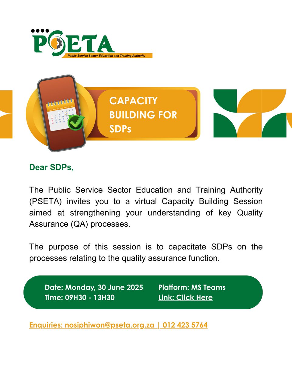 Upcoming Capacity-Building Session for SDPs
PSETA will be hosting a virtual capacity-building session for Skills Development Providers.

🔗 Join the session via Microsoft Teams:
teams.microsoft.com/l/meetup-join/… 
Alternatively, you may access the invitation and meeting link via our website
