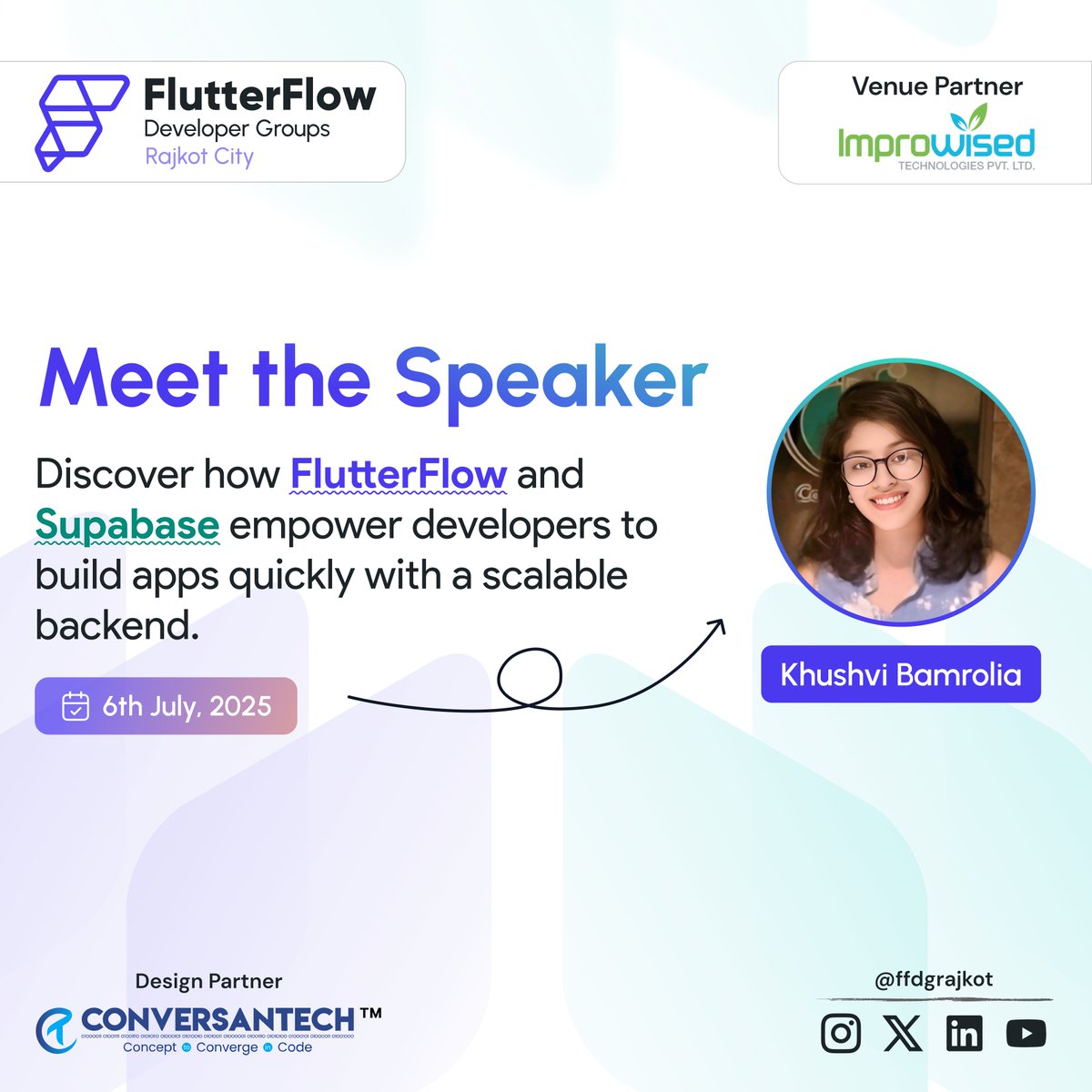 FlutterFlow Meets Supabase: Build Real App, Fast
🎤 With <a href="/KhushviBamrolia/">Khushvi Bamrolia</a>

📅 6th July 2025
🕙 10:00 AM – 1:00 PM
📍 Rajkot @ Improwised Technologies

✅ RSVP to attend: meetup.com/ffdgrajkot/eve…
(Confirmed entry by email only)

#ffdgrajkot #flutterflow #supabase #Rajkot