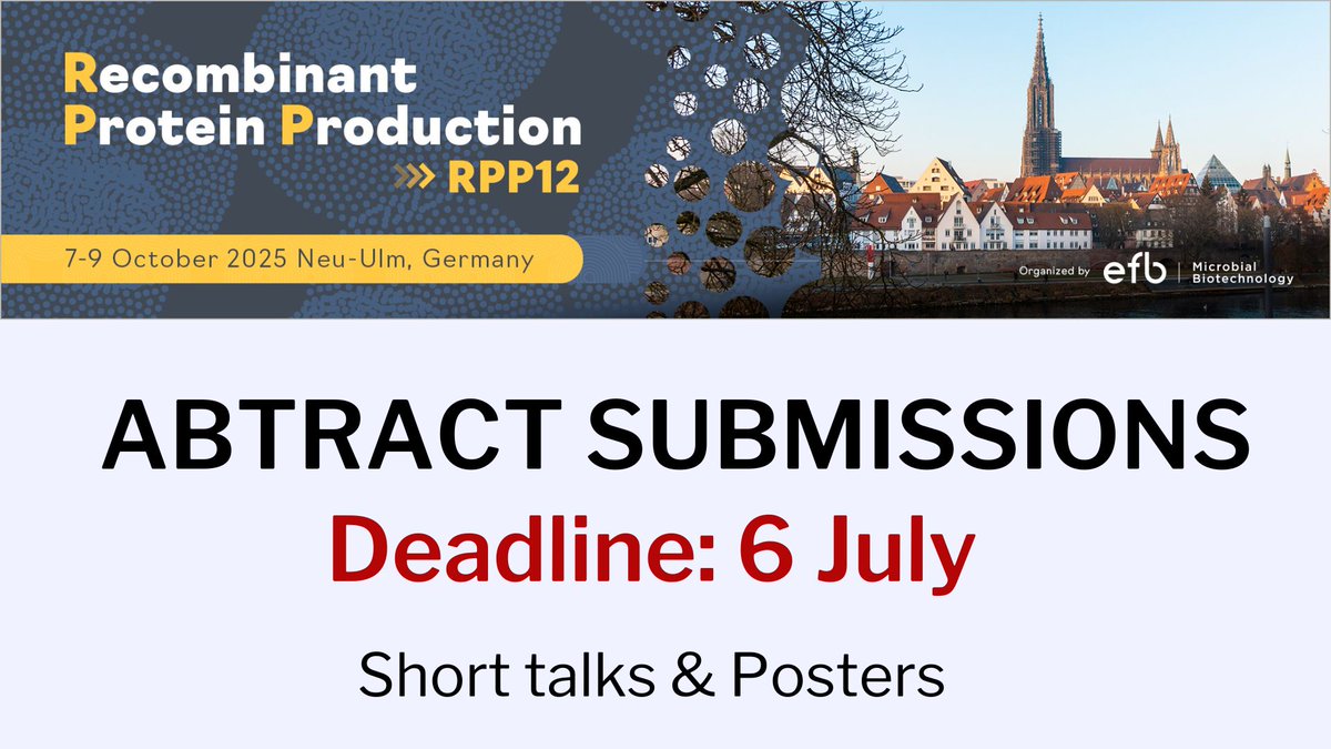 📢 Abstract submission deadline for #RPP2025 is 𝟔 𝐉𝐮𝐥𝐲 𝟐𝟎𝟐𝟓!
Join us in Neu-Ulm, Germany (Oct 7–9) to present your research on:
🔬 Chassis engineering
🌿 Sustainable #biomanufacturing
🧫 Precision fermentation
💉 #Biopharma proteins &amp; more!
Submit now 👉