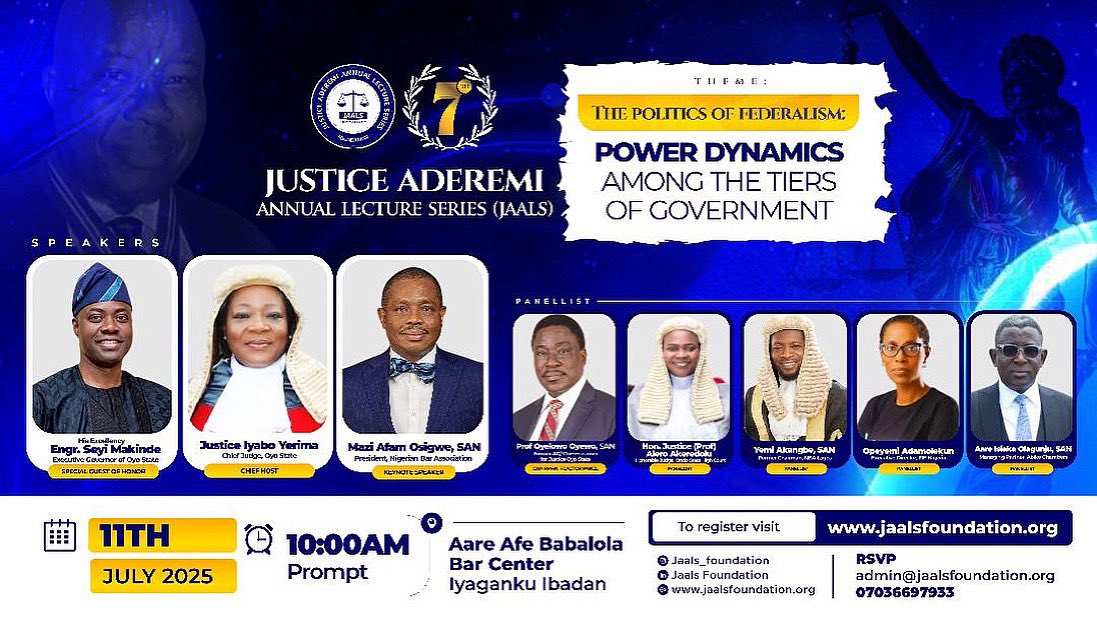 The President of the Nigerian Bar Association, Afam Osigwe, SAN will be leading other distinguished Speakers at the 7th Justice Aderemi Annual Lecture on ‘The Politics of Federalism: Power Dynamics Among The Tiers of Government’. 

Other speakers will include Ms. Yemi Adamolekun