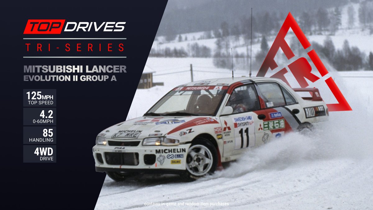 The next Tri-Series will be for the Mitsubishi Lancer Evolution II Group A. 🚗 
Tri-Series Qualifiers will begin later today, June 26 at 9pm BST and end on Sunday, June 29 at 9pm BST. 
Criteria will be Asia-Pacific Grand Prix &amp; ALL, OFF, or STD Tires. 
Good Luck!