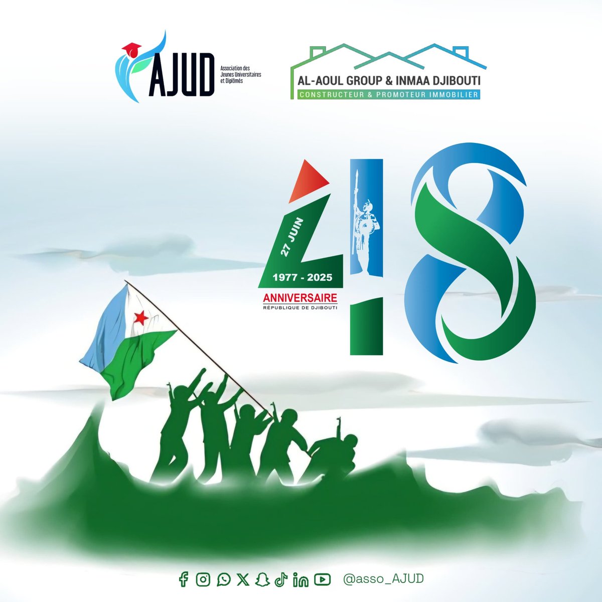 asso_AJUD's tweet photo. 🎉 Invitation Officielle – Célébration de l’Indépendance 🇩🇯

Nous avons le plaisir de vous inviter à notre cérémonie spéciale en l’honneur de la fête de l’Indépendance, qui se tiendra :
📅 Aujourd'hui – Jeudi 26 Juin
🕣 À partir de 8h30 du soir 
📍 Lieu : Port de Pêche, Djibouti https://t.co/XMJGIfqa5Z