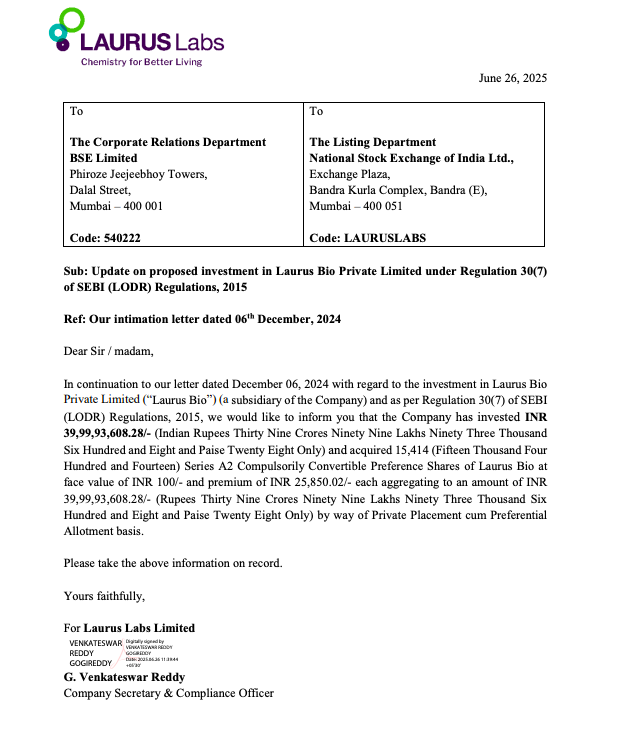 SSage82827's tweet photo. #LaurusLabs invests ₹40 Cr in subsidiary Laurus Bio via preferential allotment, acquiring 15,414 Series A2 CCPS at ₹25,950.02 each
📌 Not a buy/sell recommendation
 #LaurusBio #LaurusLabs #Pharma #Biotech #InvestmentUpdate https://t.co/fQ7jhQsYkK