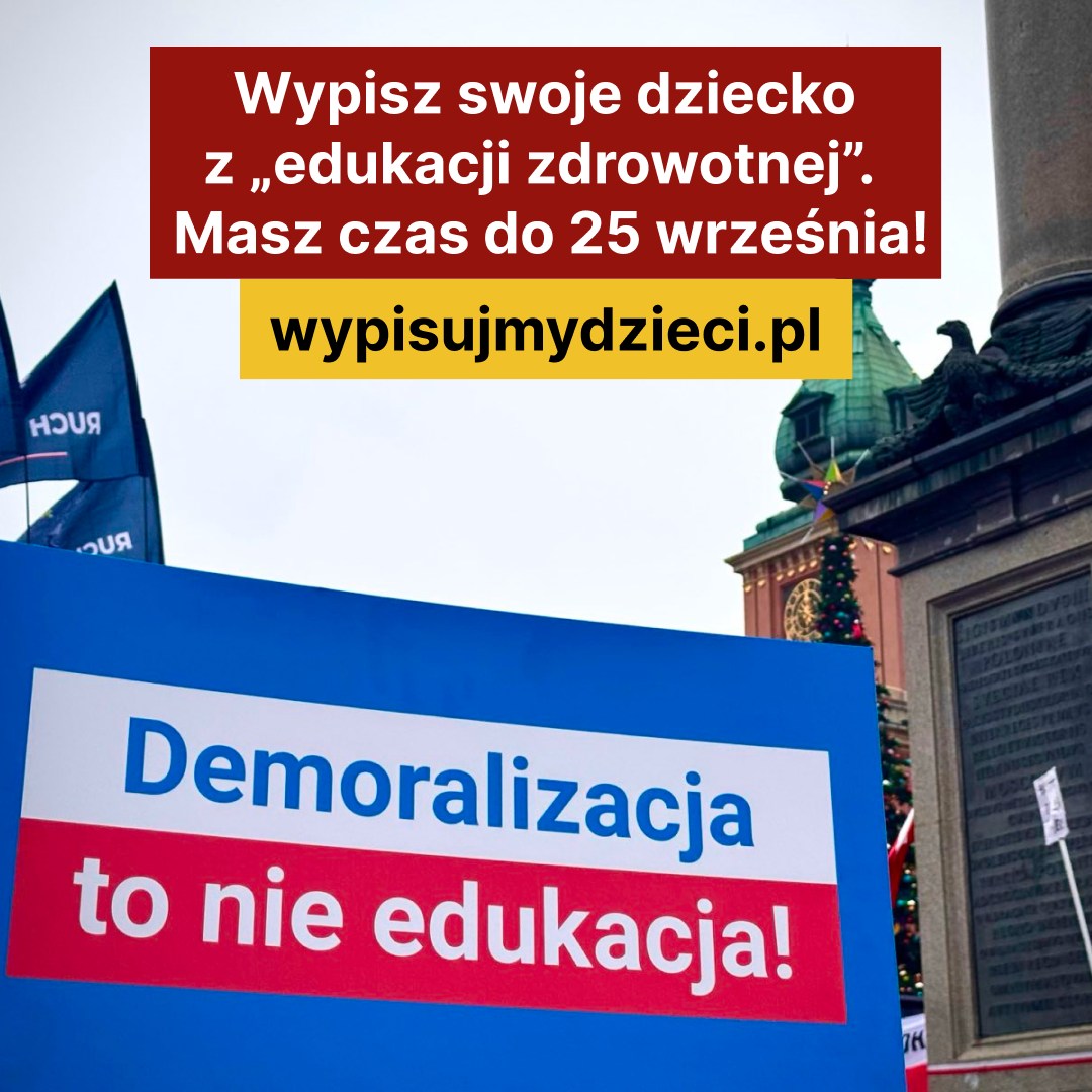 OrdoIuris's tweet photo. ❌ Nie pozwólmy, aby nasze dzieci były wychowywane w duchu sprzecznym z naszymi przekonaniami. Brońmy ich niewinności, tożsamości i prawa do wzrastania w atmosferze miłości i szacunku dla trwałych wartości
❌ Aby uchronić je przed zgubnymi skutkami zajęć w ramach tego przedmiotu, rodzice muszą dostarczyć do placówki oświatowej swoich dzieci specjalne oświadczenie, które należy złożyć najpóźniej 25 września 2025 roku
❌ Podpisz apel i pobierz oświadczenie: https://t.co/NHUsbx0514