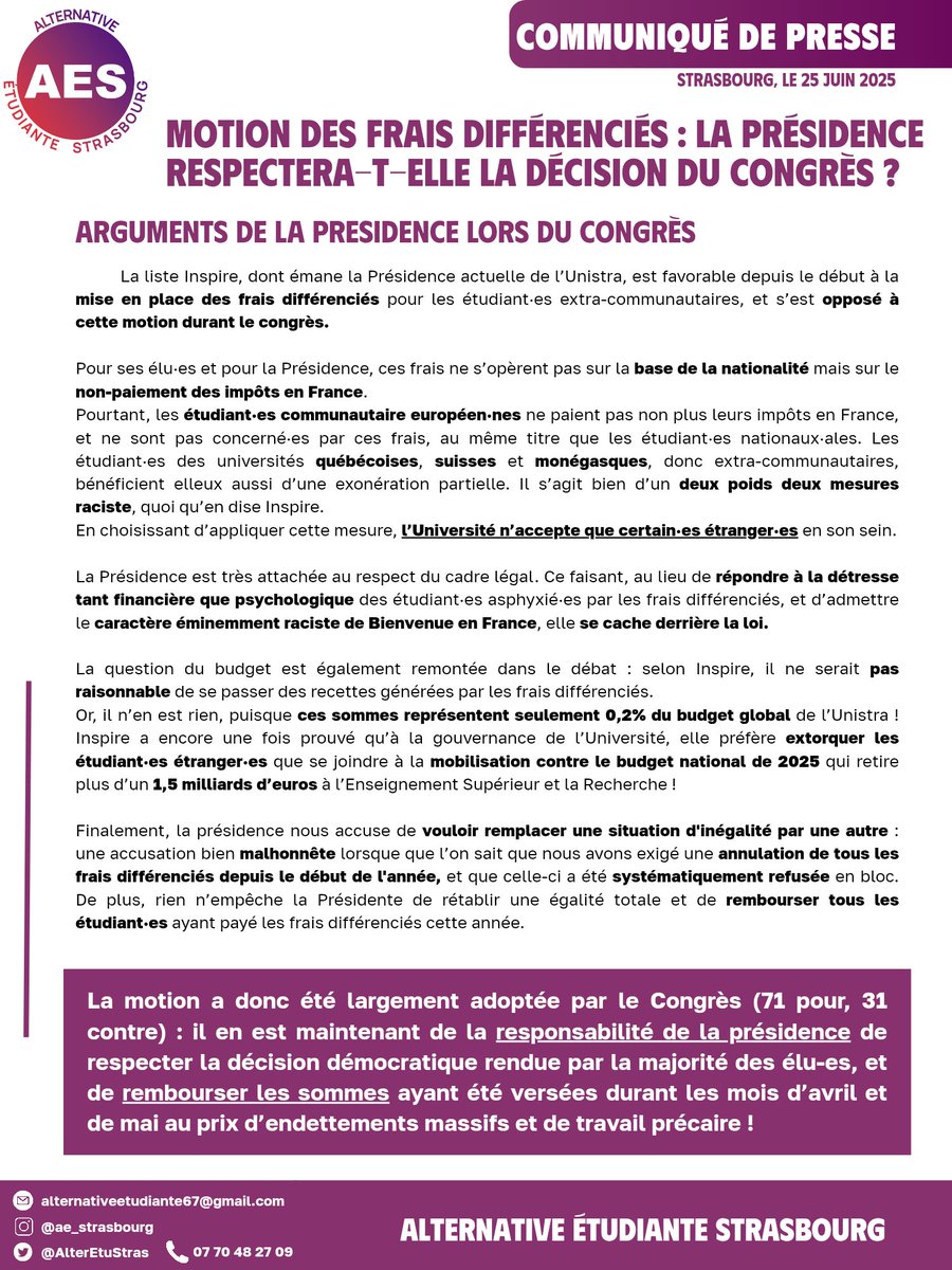 🚨Une motion pour rembourser les frais différenciés payés dès le mois d'avril a été votée au Congrès de l'université de Strasbourg !

La Présidence va-t-elle respecter la décision démocratique rendue par les élu-es ?