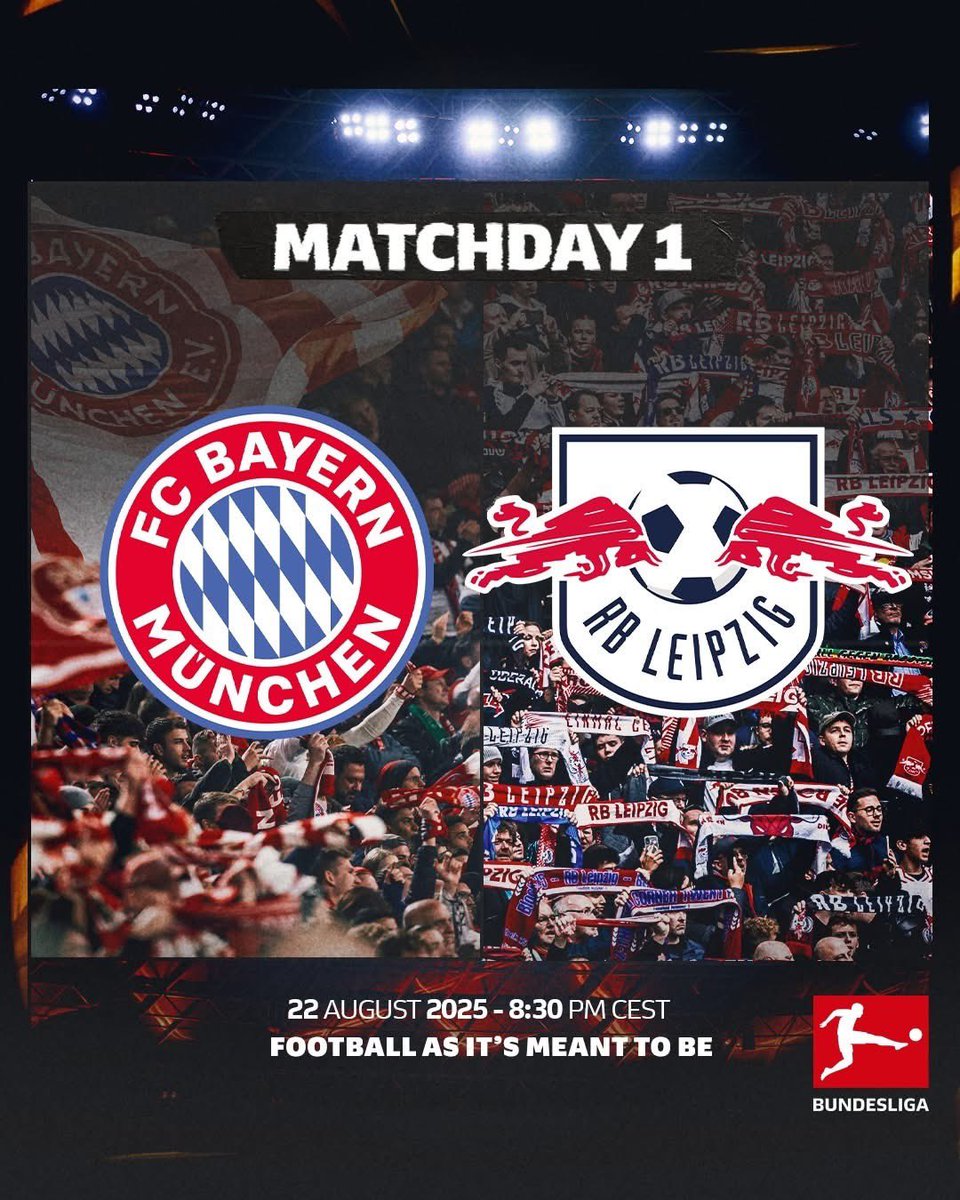 Bayern München vs RB Leipzig at the Allianz Arena in the season opener on Friday, 22 August!

The Bundesliga season traditionally kicks off with the defending champion playing at home on a Friday evening.
