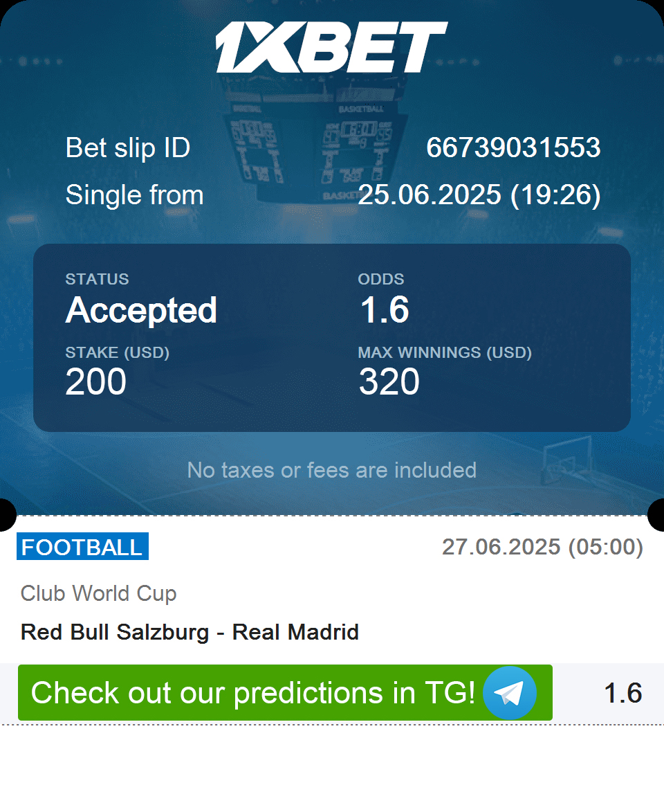 FCBetMaster's tweet image. 🔥 Another Day, Another Bet!
🏆 Max Win: $320
⚽️ Red Bull Salzburg vs Real Madrid
💸 Stake: $200 - 📈 Odds: 1.60
🎯 Two attacking sides ⚡ Expecting fireworks here!
🧠 Looks easy, but remember — always assess risk!
📌 Want full ticket? Link in Bio.

#football #FIFAClubWorldCup…