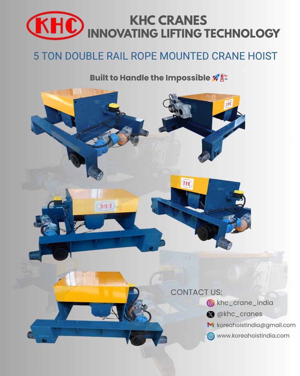 KHC_CRANES's tweet photo. Lifting 5 Tons Like a Pro! 💪⚙️
When strength, precision, and performance matter — choose KHC’s Double Rail Rope Mounted Hoist. 

#5TonHoist   #HeavyLifting  #KHCEngineering
#cranes #manufacturing #cranemanufacturing  #Technologia #industry #innovation #engineersindia https://t.co/uLUGasn4r8