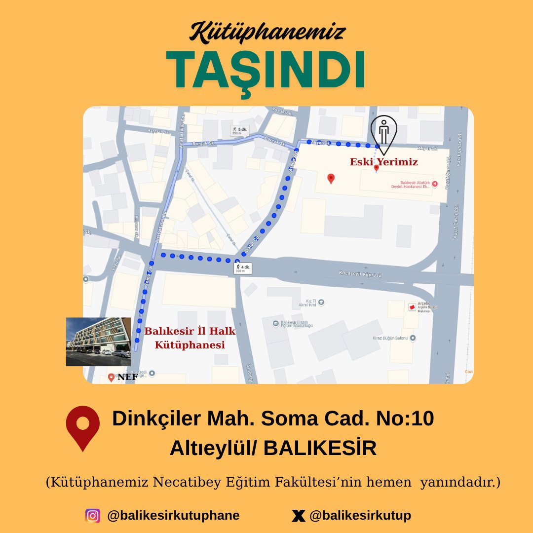 Kütüphanemiz taşınmıştır. ✨️📚😍
📍Dinkçiler Mah. Soma Cad. No: 10 Altıeylül/Balıkesir
(Kütüphanemiz Necatibey Eğitim Fakültesi'nin hemen yanındadır. )

#balıkesir #kütüphane #halkkütüphanesi #balıkesirkütüphane #balıkesirilhalkkütüphanesi