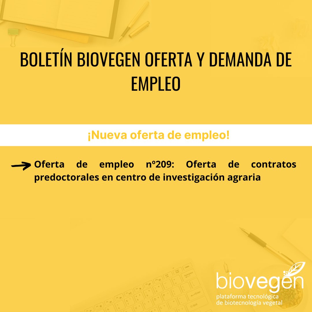 biovegen's tweet image. 📢 ¡Nueva oferta de empleo en @GVAivia !
Desde BIOVEGEN hemos publicado un nuevo boletín de Oferta y Demanda de Empleo que incluye:
🔸 Oferta de empleo nº209: Oferta de contratos predoctorales en centro de investigación agraria
Más info👉🏻acortar.link/CrSZfk