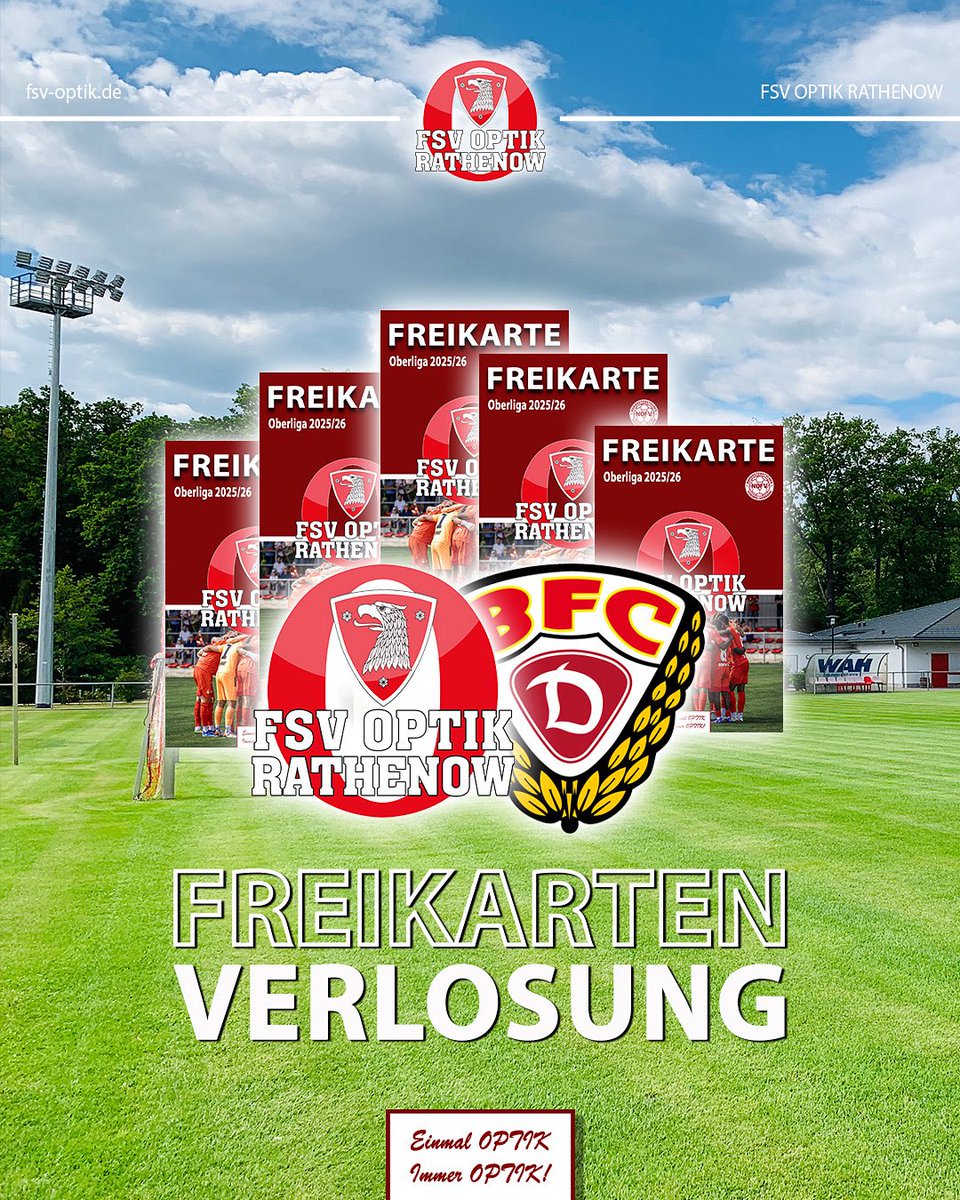 Im Rahmen unseres ersten Testspiels gegen den BFC Dynamo veranstalten wir eine Verlosung von Freikarten für die Oberliga-Saison 2025/26. Also kommt am nächsten Mittwoch, den 02.07. um 18:00 Uhr zum Spiel und lasst euch die Chance nicht entgehen.