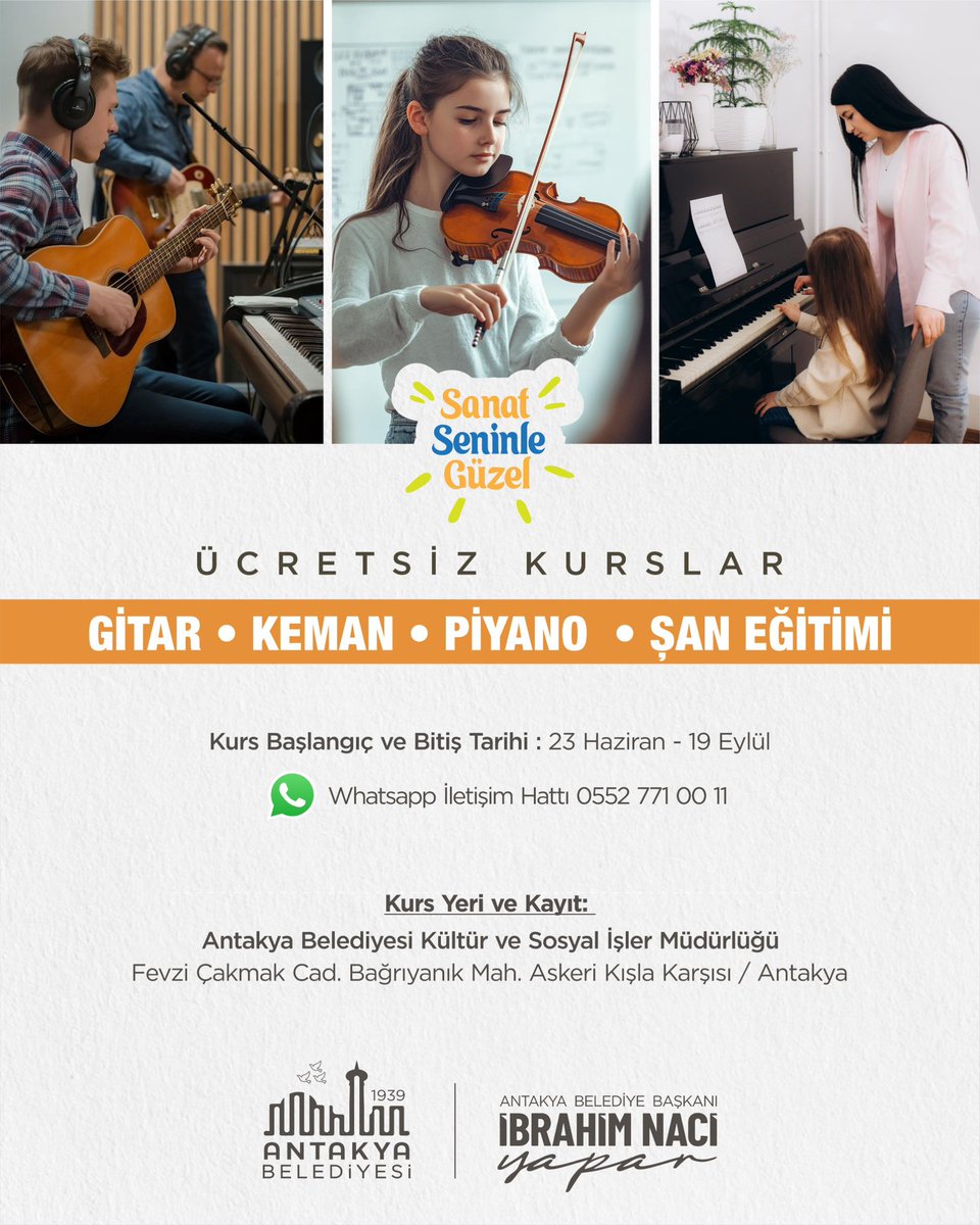 🎶 Gitar, keman, piyano ve şan eğitimi alanlarında açacağımız ücretsiz kurslarımızla sanatla iç içe, dopdolu bir yaz sizleri bekliyor!

Kontenjanlar sınırlı, kaçırmayın 🎵

📅 23 Haziran – 19 Eylül
📲 Detaylı bilgi ve kayıt için WhatsApp: 0552 771 00 11

#YazSeninleGüzel