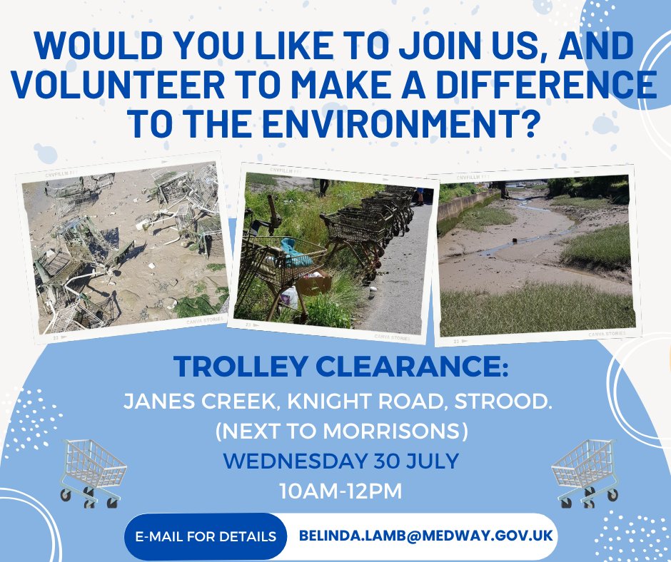 🛒The team are working in partnership with <a href="/MedwaySwaleEP/">Medway Swale Estuary Partnership</a>  to clear the trolleys that have been dumped in Jane's Creek.  If you'd like to get involved, please drop us an e-mail.
We look forward to seeing you 😃