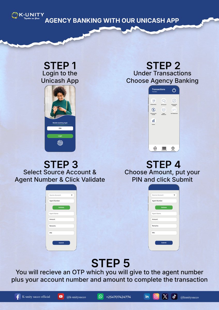 Kunitysacco's tweet photo. Agent banking made simple! With K-Unity’s Unicash App, follow these 5 easy steps and complete your transaction with the help of a trusted agent. Convenience, clarity, and control right from your phone. #KUnitySacco #AgencyBanking #SmartTransactions https://t.co/z6D0OWD7UR