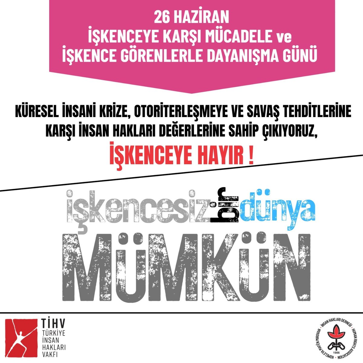 26 Haziran İşkenceye Karşı Mücadele ve İşkence Görenlerle Dayanışma Günü'nde İHD ve TİHV'den ortak açıklama: 
"Küresel İnsani Krize, Otoriterleşmeye ve Savaş Tehditlerine Karşı İnsan Hakları Değerlerine Sahip Çıkıyor, İşkenceye Hayır Diyoruz!" 👇🏼

tihv.org.tr/basin-aciklama…
