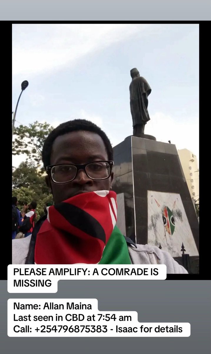 Ty_Trae's tweet photo. ALLAN MAINA is still missing 

Retweet 

#SiriNiNumbers
#OccupyStatehouse 
#RutoMustGo https://t.co/7n2I2STopg