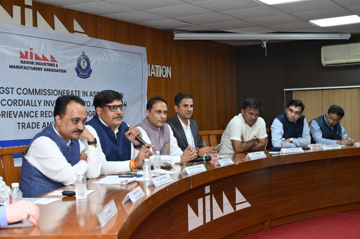 cgstnsk's tweet photo. GST Nashik Commissionerate, in association with NIMA, organised an Outreach &amp; Grievance Redressal Programme to mark 8 years of successful GST implementation. Commissioner Shri R.K. Dwivedi addressed stakeholder concerns, reaffirming the commitment to #EaseOfDoingBusiness. https://t.co/sdBgso3cGx