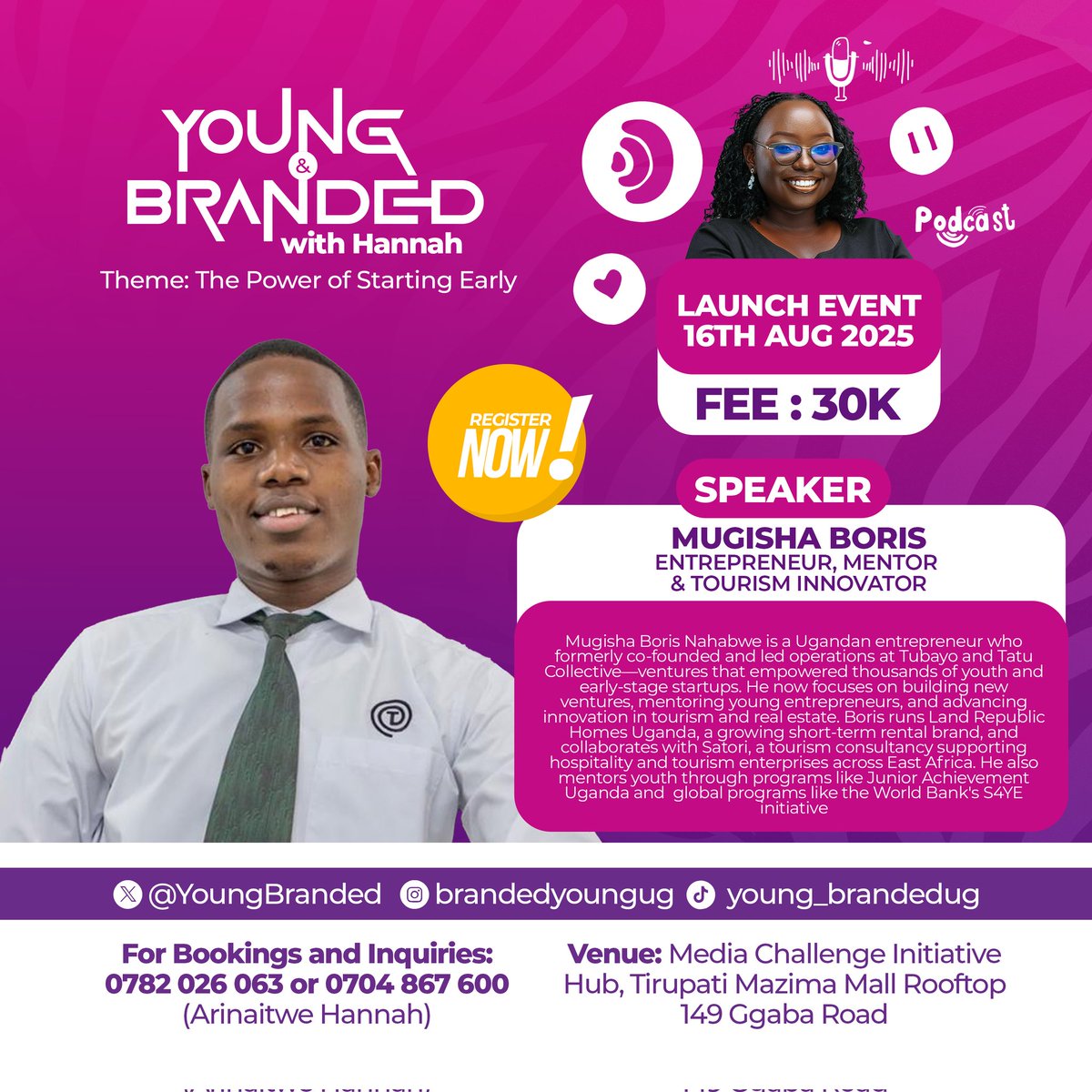 SPEAKER ALERT 📣👏
We’re thrilled to unveil one of our keynote speakers for the Young &amp; Branded podcast launch – <a href="/boris_nahabwe/">Mugisha Boris Nahabwe</a>
An innovative entrepreneur, mentor, and venture builder, Boris formerly co-founded and led operations at Tubayo and Tatu Collective—🧵