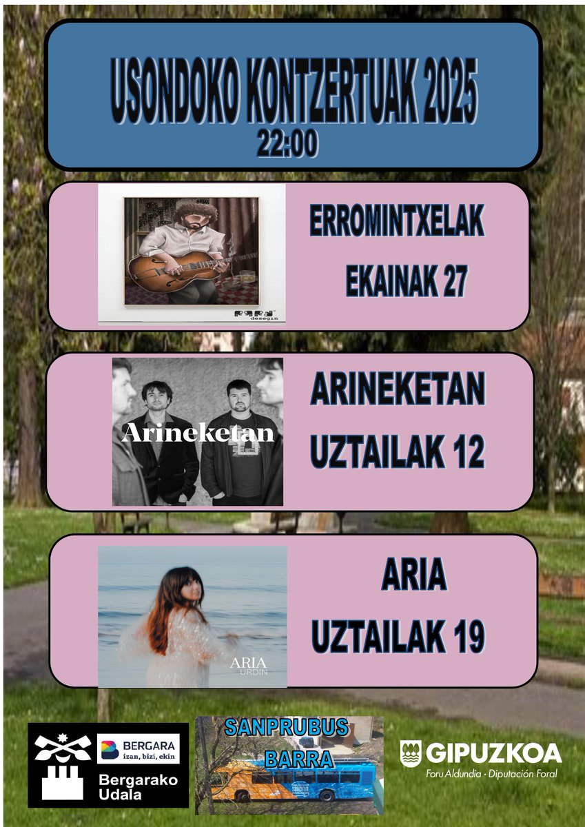 🎼 Bergarako Udalak uda honetan musika eskaintza antolatu du Usondo parkean. USONDOKO KONTZERTUAK 2025 izeneko zikloak hiru emanaldi ekarriko ditu:

🔗 bergara.eus/eu/node/20768

#Bergara #IzanBiziEkin