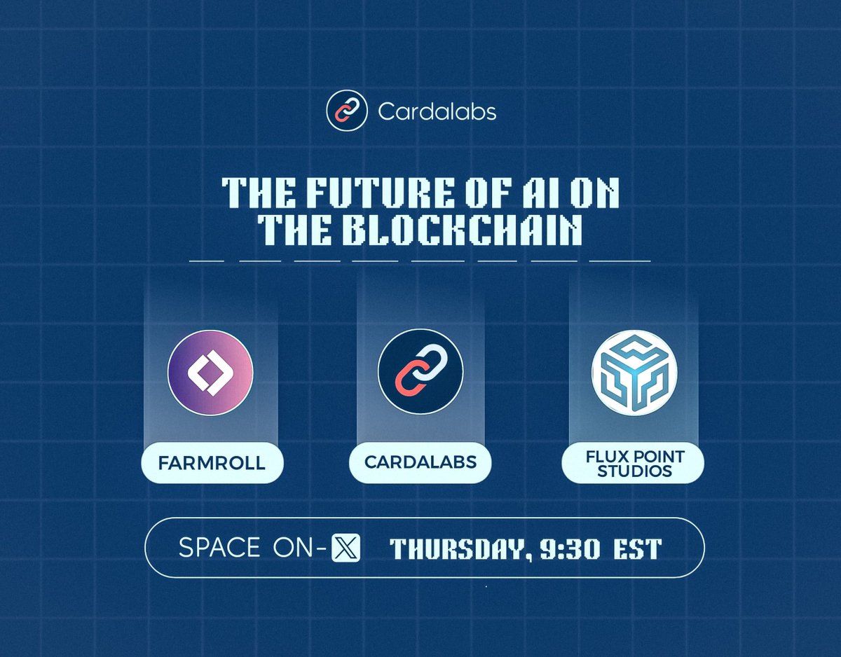 CardaLabs (Prev. CardaChain) (@cardalabs) on Twitter photo Spaces Announcement 🔔
Join us today by 9:30 EST for an incredible Spaces to discuss:
The future of AI on the blockchain
Joining us are key contributors to the sector: <a href="/farmroll_io/">Farmroll.io</a> and <a href="/fluxpointstudio/">Flux Point Studios</a>
Don't miss it. Spaces Announcement 🔔
Join us today by 9:30 EST for an incredible Spaces to discuss:
The future of AI on the blockchain
Joining us are key contributors to the sector: <a href="/farmroll_io/">Farmroll.io</a> and <a href="/fluxpointstudio/">Flux Point Studios</a>
Don't miss it.