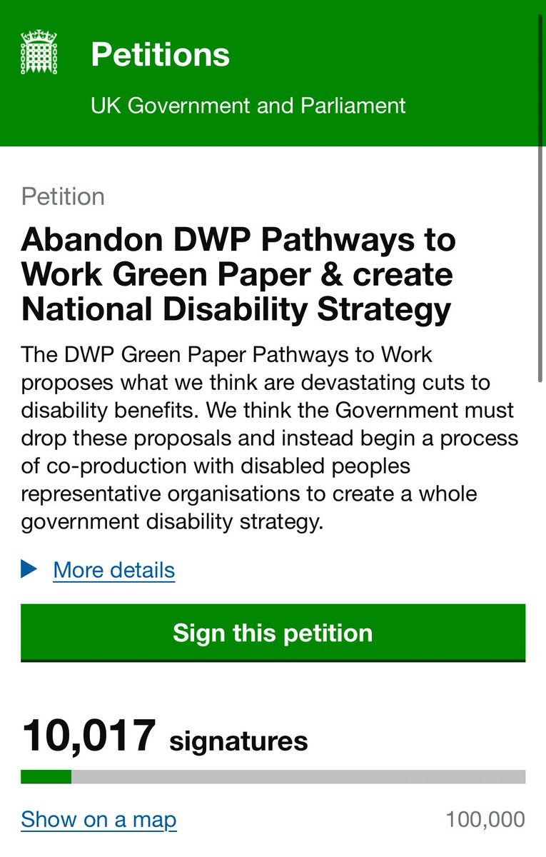 Have you signed the petition to ‘Abandon DWP Pathways to Work Green Paper &amp; create National Disability Strategy’? 

petition.parliament.uk/petitions/7239…