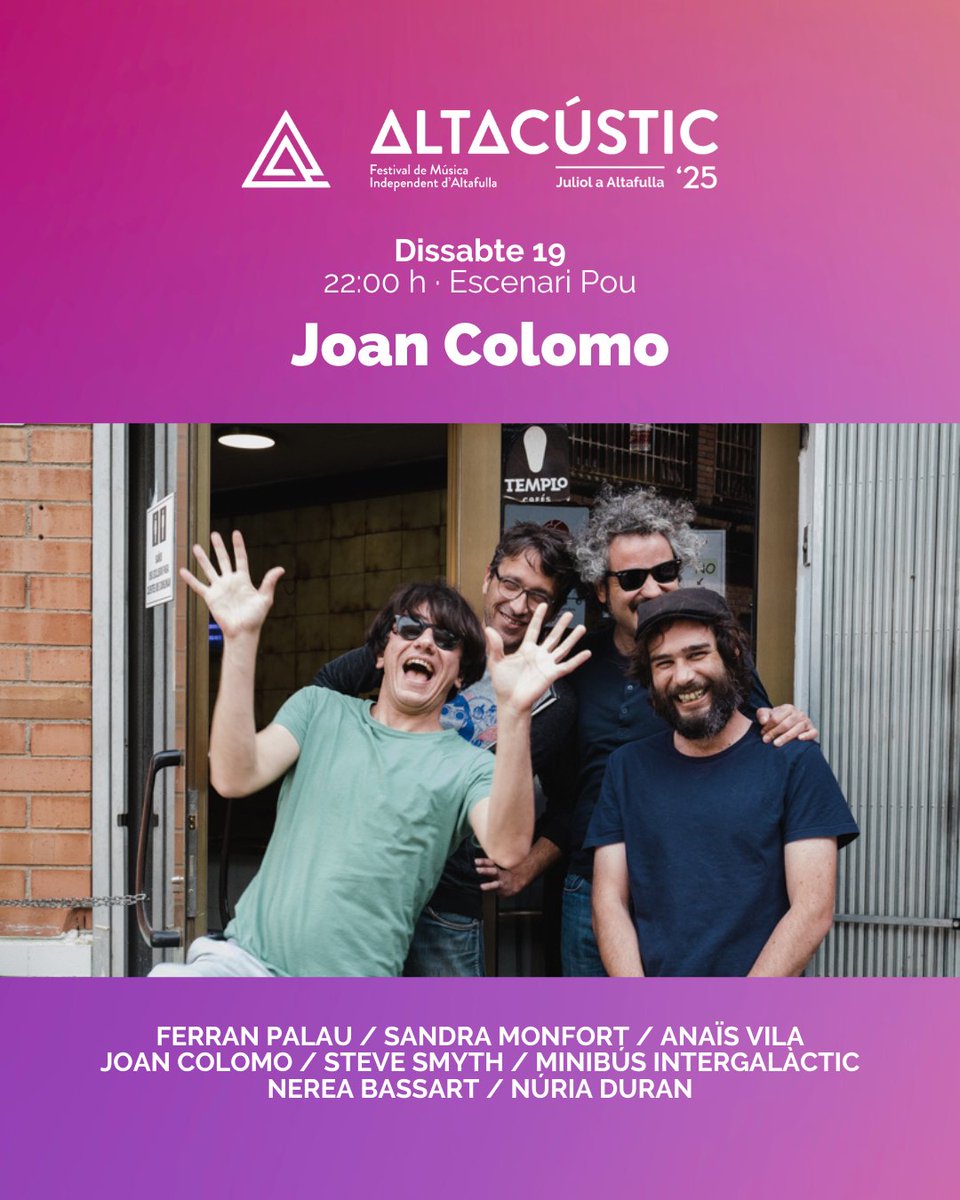🎶 Joan Colomo presenta #TecnoRealista, el seu vuitè disc 💿 Cançons que et fan somriure mentre et parlen del col·lapse 💥

📅 Dissabte 19 de juliol · 🕘 22 h
📍 Escenari Pou – Vila Closa d’#Altafulla
🎟 Accés lliure a l'#Altacústic2025