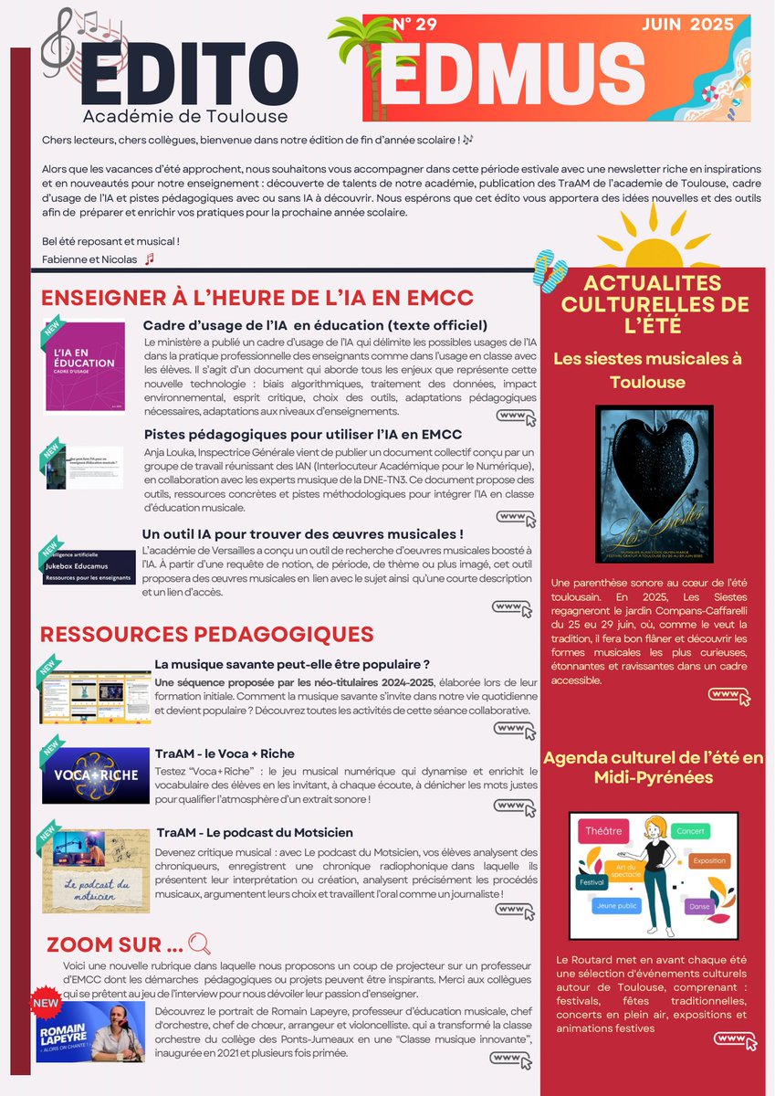 Publication de la newsletter #EMCC de l’académie de Toulouse !

Au menu : 
- IA en #edmus
- Activités #TraAM #MDL
- Zoom sur <a href="/Classemusique31/">Classe musique des Ponts-Jumeaux</a> 
- Des recommandations culturelles pour l’été 

Bonne lecture 📖et bonnes vacances 🏖️