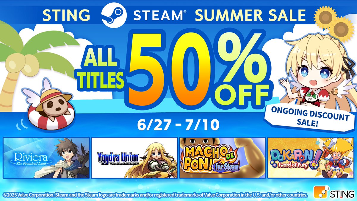 Sting_ipr's tweet image. 🔥 STING Steam Summer Sale 2025 is on now! 🔥

“Yggdra Union”
“Riviera: The Promised Land”
“MACHO DE PON!!”
“DOKAPON! Sword of Fury”

🎉 All titles are 50% OFF in a huge discount sale!
Ready for summer fun?
Now’s the perfect time to stock up on great games—don’t miss this chance!…