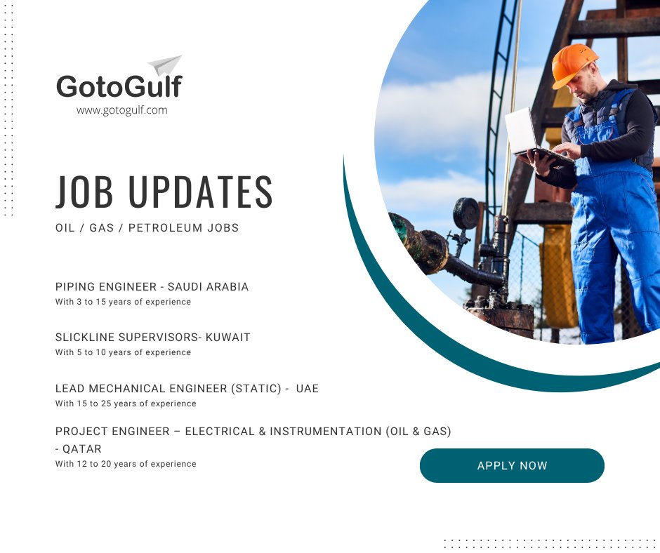 GotoGulf's tweet image. Click on the below link to apply for the job vacancies,
gotogulf.com/PublicSearchVi…
#jobseeke #oilandgasjobs #pipingengineering #slicklinesupervisor #leadmechanicalengineer #qatar #kuwait #UAE #saudiarabia #GCCJobs