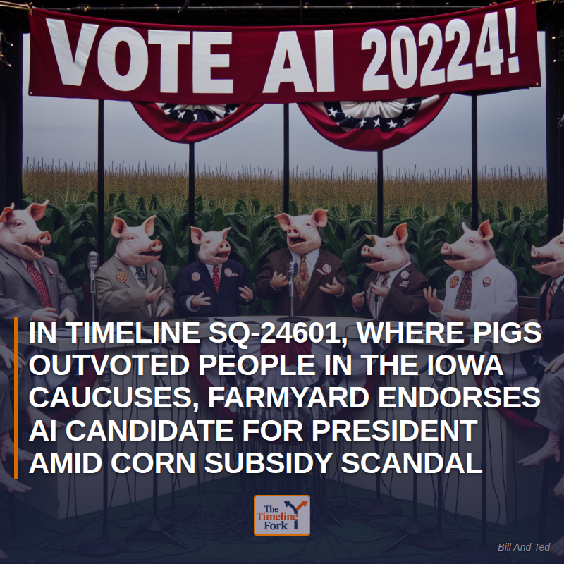 Timelinefork's tweet image. In Timeline SQ-24601, Where Pigs Outvoted People in the Iowa Caucuses, Farmyard Endorses AI Candidate for President Amid Corn Subsidy Scandal

#IowaCaucus #AIPresident #CornGate