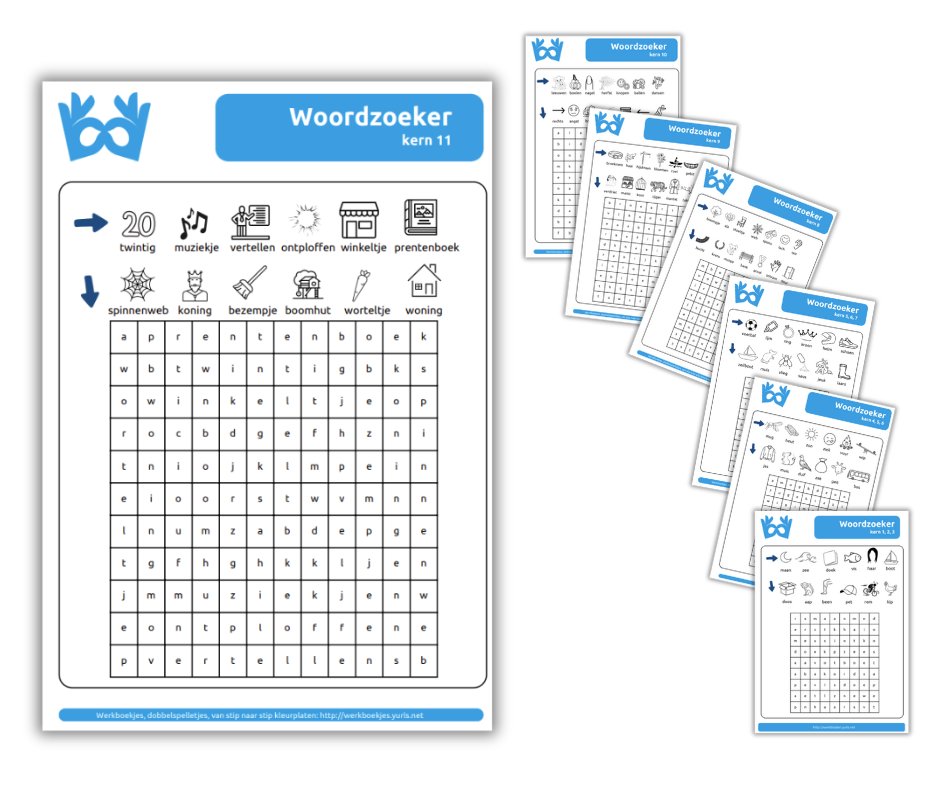 Er staan nu 7 woordzoekers online met woorden uit kern 1 t/m 11. Leuk om te oefenen in de klas of thuis! werkbladen.yurls.net/nl/page/760364 #yurls #groep3