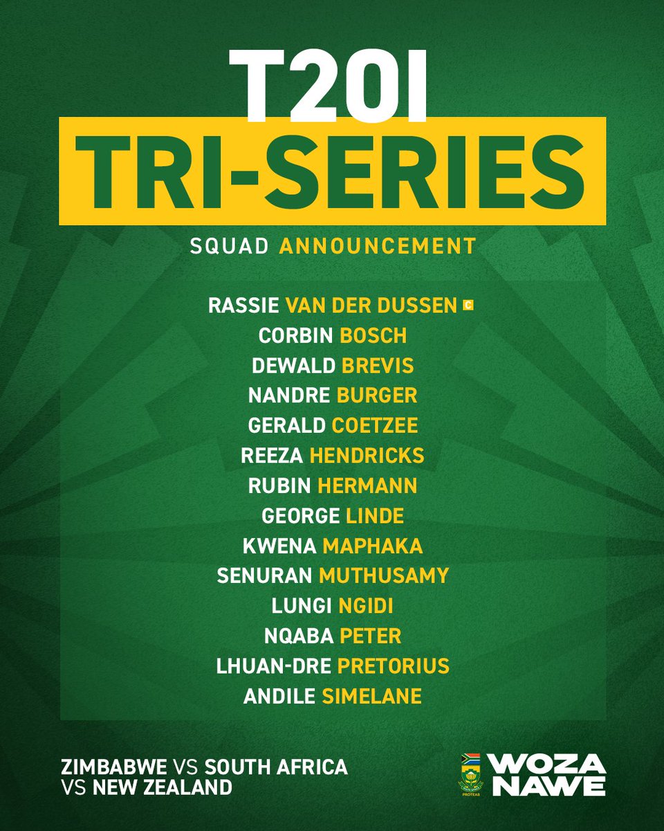 ProteasMenCSA's tweet photo. Proteas Men’s head coach Shukri Conrad has named a 14-player squad for the upcoming T20 International (T20I) tri-series against hosts Zimbabwe and New Zealand, set to take place in Harare from 14 - 26 July. 

Rassie van der Dussen will captain the side, which features four maiden T20I call-up. They are Momentum Multiply Titans duo Corbin Bosch and Lhuan-dré Pretorius, North West Dragons batter Rubin Hermann and Dafabet Warriors spinner Senuran Muthusamy. 

The tri-series also marks Conrad’s first T20I assignment since being appointed as the senior men’s all-format head coach. 

The squad will assemble for a two-day camp at the Centre of Excellence in Pretoria from 09 - 10 July under the guidance of SA A head coach Wandile Gwavu, before departing for Harare on 11 July.

#WozaNawe