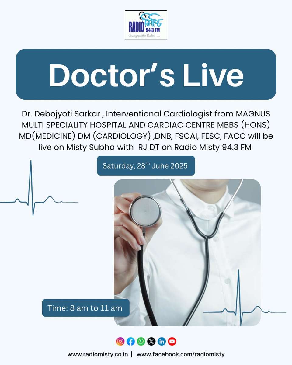 radiomisty943's tweet image. Dr. Debojyoti Sarkar , Interventional Cardiologist from MAGNUS MULTI SPECIALITY HOSPITAL AND CARDIAC CENTRE MBBS (HONS) MD(MEDICINE) DM (CARDIOLOGY) ,DNB, FSCAI, FESC, FACC will be live on Misty Subha with  RJ DT on Radio Misty 94.3 FM

#doctorlive #doctorsession #cardiologist