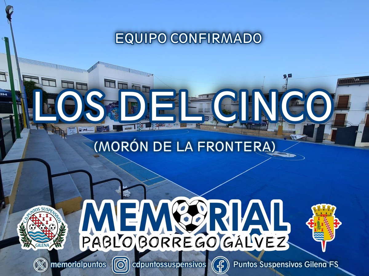 📣 Equipo confirmado.

No podían faltar a la cita los amigos Los del cinco de Morón de la Frontera.

Expertos en el arriesgado juego de portero-jugador que pondrán toda la emoción en la pista del Juan Corrales.

Mucha suerte‼️

#pasionporgilena #PasionPorElFutsal