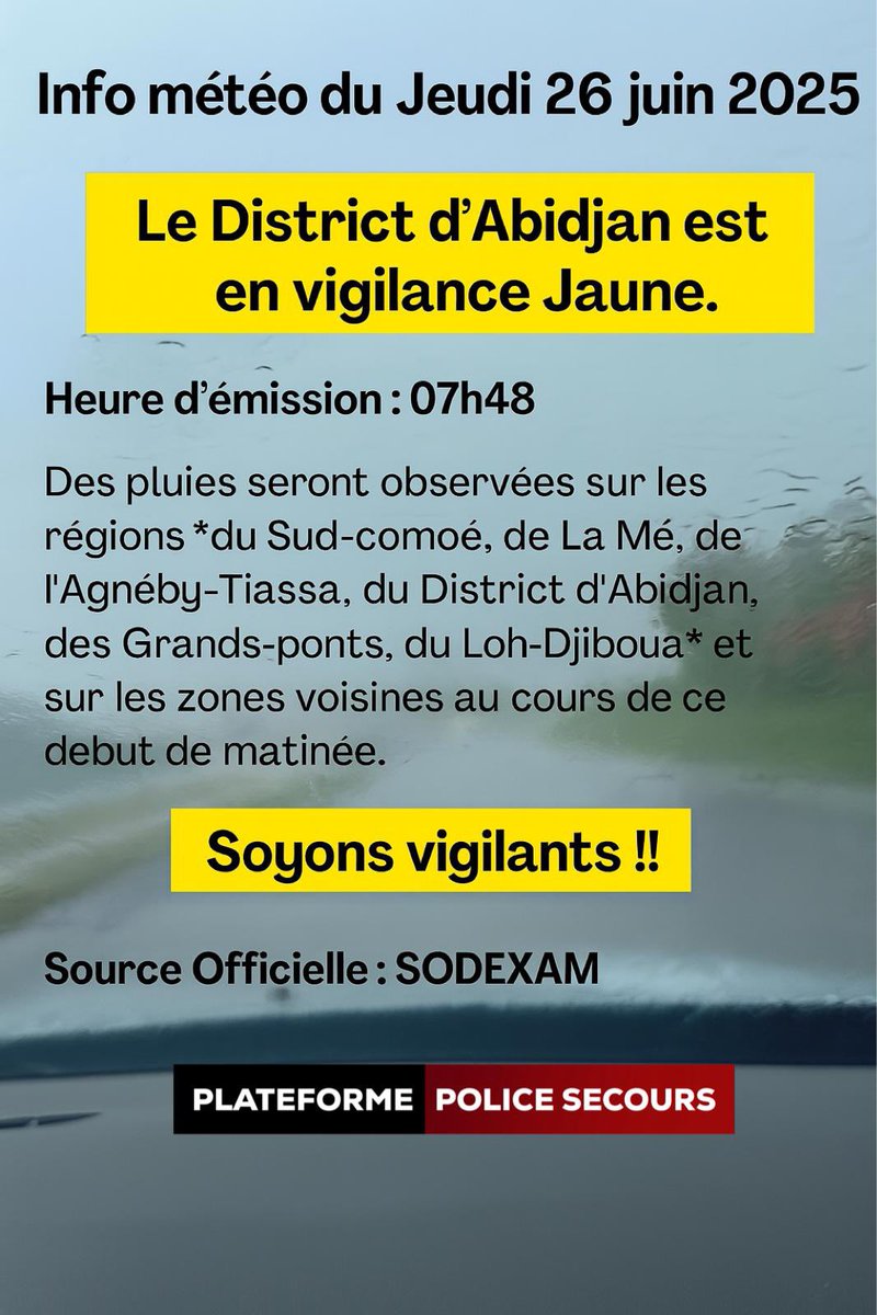 🟡ALERTE MÉTÉO : JEUDI 26  JUIN 2025 

𝐋𝐞 𝐃𝐢𝐬𝐭𝐫𝐢𝐜𝐭 𝐝’𝐀𝐛𝐢𝐝𝐣𝐚𝐧 𝐞𝐬𝐭 𝐞𝐧 𝐯𝐢𝐠𝐢𝐥𝐚𝐧𝐜𝐞 𝐉𝐚𝐮𝐧𝐞. #Prudence