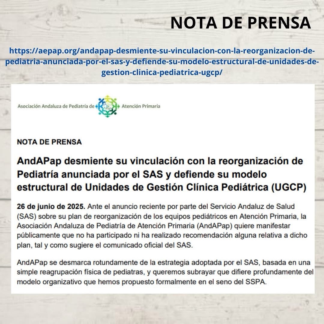 📰 La Asociación Andaluza de Pediatría de Atención Primaria <a href="/APap_A/">AndAPap</a> desmienten su vinculación con la reorganización de la pediatría de AP del SAS y defiende/defendemos otro modelo organizacional. Más info en: aepap.org/andapap-desmie…