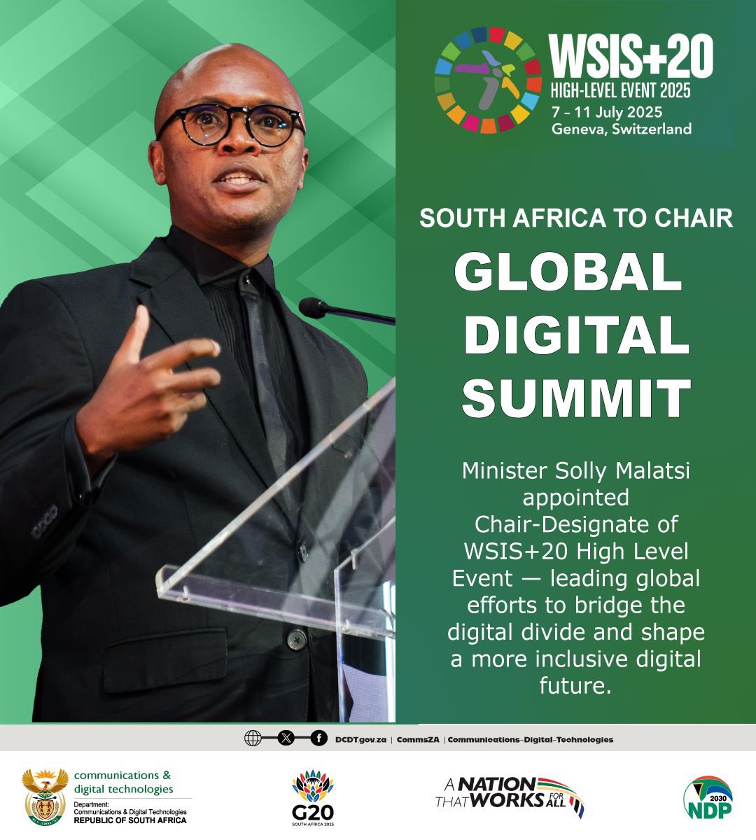 Dept of Communications & Digital Technologies (@commsza) on Twitter photo Minister <a href="/SollyMalatsi/">SollyMalatsi</a> appointed chair-designate of the <a href="/WSISprocess/">World Summit on the Information Society (WSIS)</a> High Level Event. South Africa is leading global efforts to bridge the digital divide🛜 Minister <a href="/SollyMalatsi/">SollyMalatsi</a> appointed chair-designate of the <a href="/WSISprocess/">World Summit on the Information Society (WSIS)</a> High Level Event. South Africa is leading global efforts to bridge the digital divide🛜