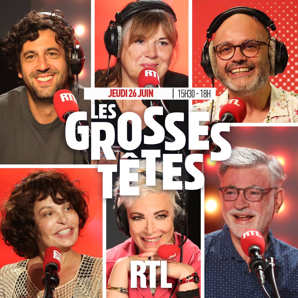 GrossesTetesRTL's tweet photo. 📻🤩🎙️Bonjour à tous ! Découvrez vos Grosses Têtes de ce jeudi 26 juin ! Autour de Laurent @ruquierofficiel aujourd'hui :

🎭 @IsaMergault 
❤️ #MicheleBernier
⚽ #YoannRiou
📰 #OlivierBellamy
🔬 #MarcelaIacub
🎥 @max_boublil 

⏰ Coup d'envoi de l'émission : 15h30 sur #RTL https://t.co/FJoSu78YYF