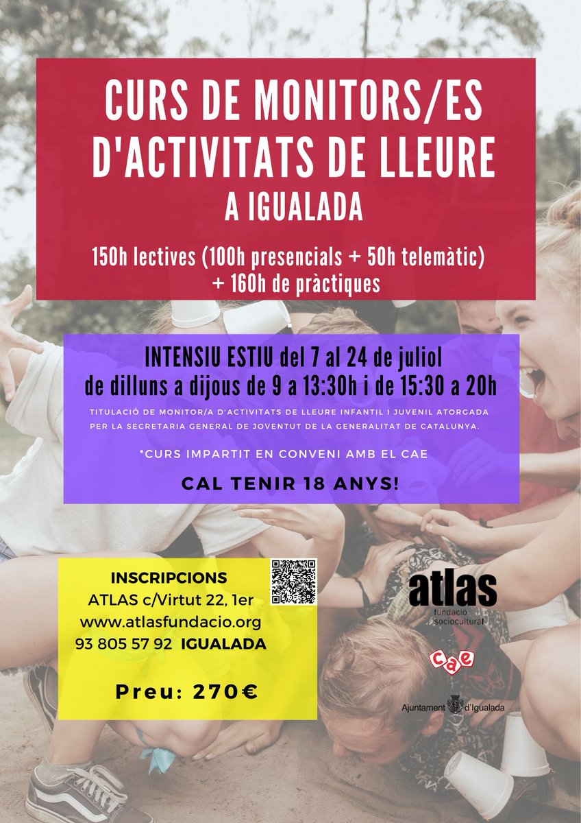 No et perdis el curs de #monitoreslleure que fem aquest juliol! Si et vols dedicar al món del lleure t'esperem. Inscripcions obertes: atlasfundacio.org
