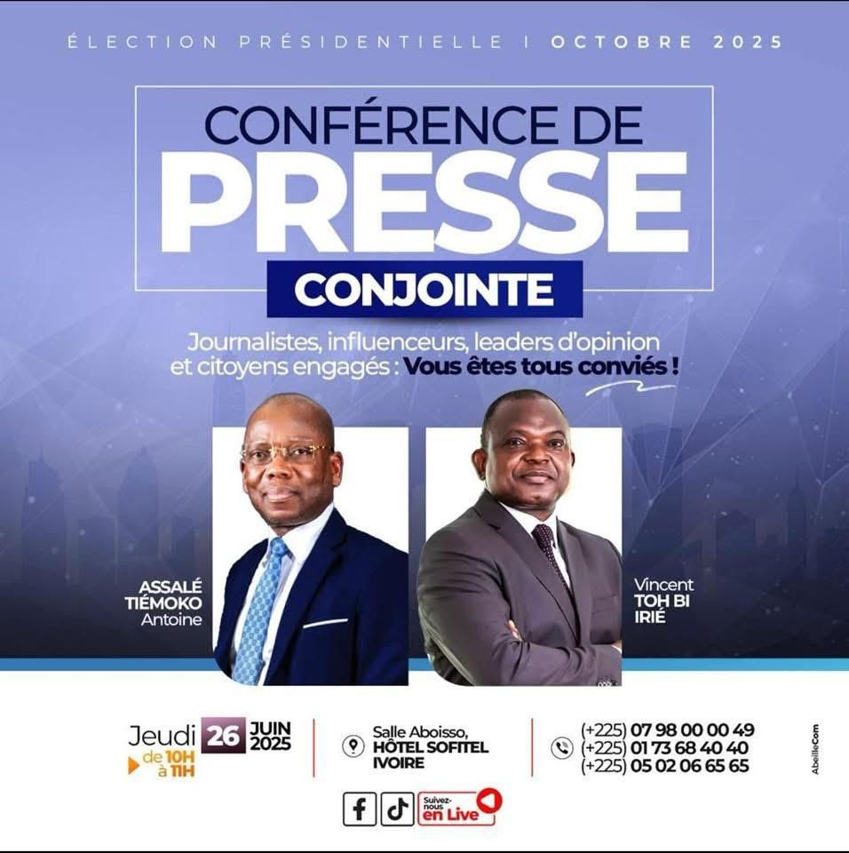 Enquêtemedia (@enquetemedia) on Twitter photo Les candidats <a href="/VincentTohBi/">Vincent Toh Bi Irié</a> et <a href="/AssaleTiemoko/">Antoine Assalé Tiemoko</a> animent conjointement une conférence . Selon les indiscrétions, les deux candidats s’engageront à harmoniser leurs stratégies et à renforcer leur solidarité au sein d’une #Alliance pour les les élections à venir. Les candidats <a href="/VincentTohBi/">Vincent Toh Bi Irié</a> et <a href="/AssaleTiemoko/">Antoine Assalé Tiemoko</a> animent conjointement une conférence . Selon les indiscrétions, les deux candidats s’engageront à harmoniser leurs stratégies et à renforcer leur solidarité au sein d’une #Alliance pour les les élections à venir.