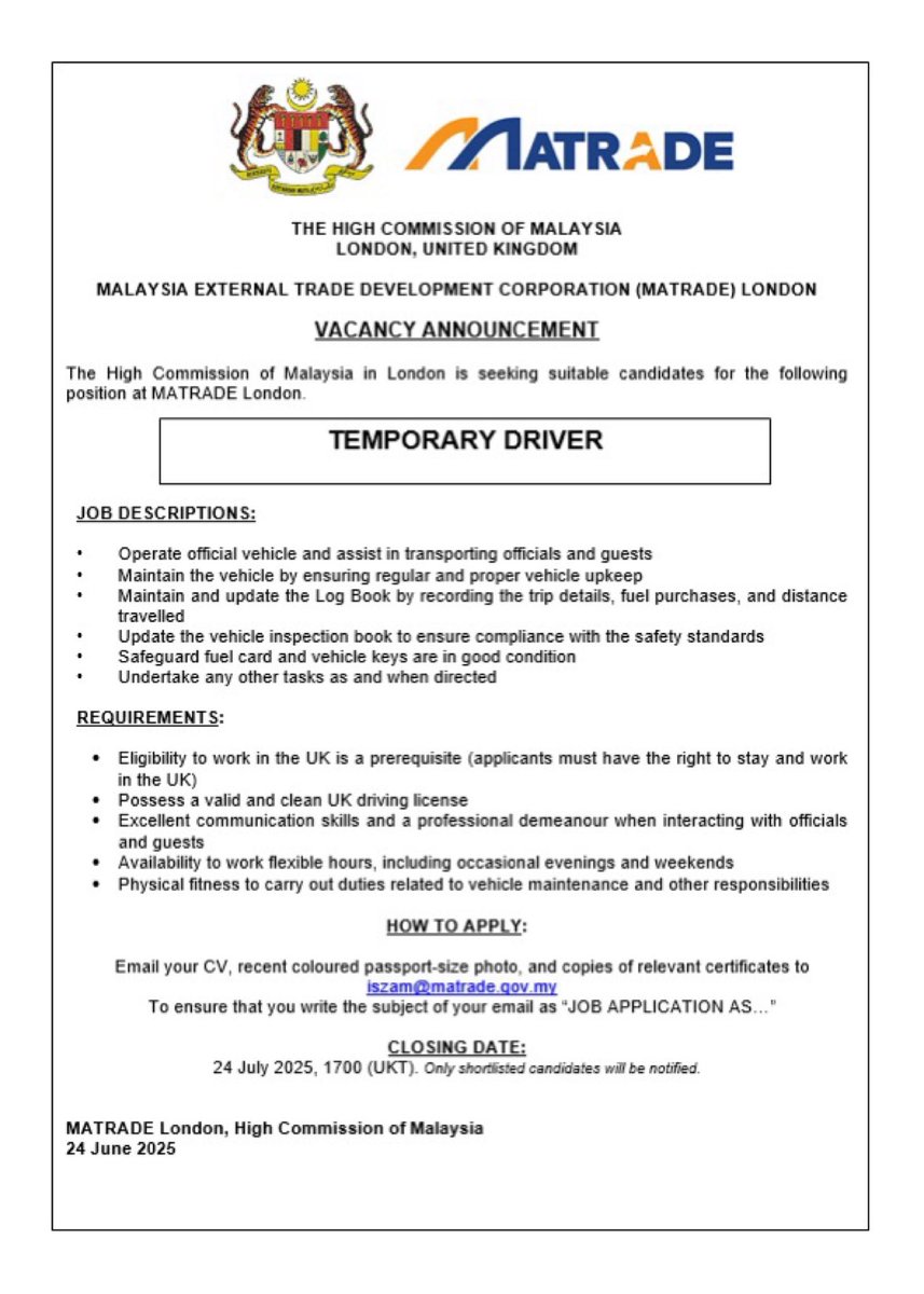 MATRADE, London is #hiring! For details, please refer to the job advert. Closing date for application is 15 July 2025. 

#UKJobs #jobsearch #hiringnow #jobvacancy