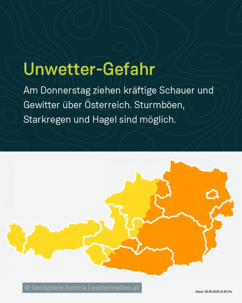 GeoSphere_AT's tweet image. #Wetter-#Warnung: Heute Donnerstag sind vom Nachmittag bis in die Nacht hinein schwere Gewitter möglich, mit Sturmböen, Starkregen und Hagel. Infos auf bit.ly/3EjRAQI