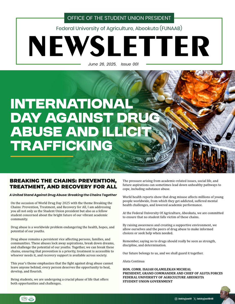 _LEKKYJOE's tweet image. As we commemorate World Drug Day 2025, I want to put it to you all that the choice of a drug free life is not a weakness, it is a badge of strength, discipline and determination.
We share our future and we need to protect that together.
#WorldDrugDay