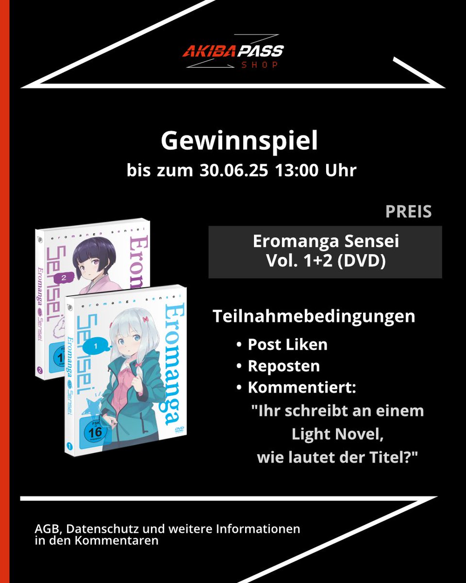 AKIBAPASS's tweet image. Romantik, Comedy und ein bisschen Chaos – wir verlosen Vol. 1 + 2 von Eromanga Sensei! 🎨

Die Gewinnspielbedingungen und AGBs sind im Bild und in den Kommentaren.